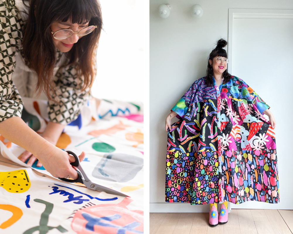 Two images have been placed into one rectangular image. On the left, Sue-Ching Lascelles cuts a large piece of fabric with bright geometric squiggly designs on a white background. On the right, Sue-Ching Lascelles wears a flowy tiered dress made from panels of brightly colored floral designs and stands in front a white wall.