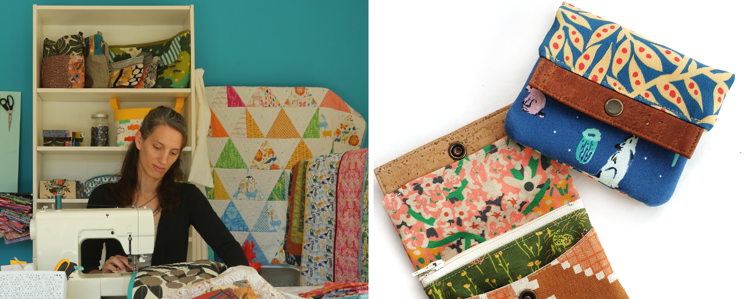 Two images have been placed into one rectangular image. On the left, Lia Hadas sews at a machine in front of a wall of brightly colored quilts. On the right, two small colorful wallets by The Little Camel. They have zippered sections and a snap closure and feature small sections of fabrics in different colors and patterns.