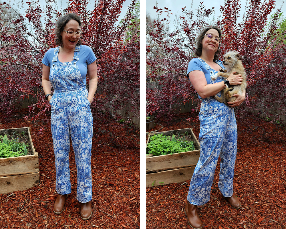 Two photos have been placed side by side in a rectangle. On the left, Angela looks down and smiles and is wearing overalls with a hand-drawn dog print. Angela is standing in a garden with a raised bed bedhind her. On the right, Angela looks at the camera and smiles and is wearing overalls with a hand drawn dog print. She is holding a small white scruffy dog in her arms.