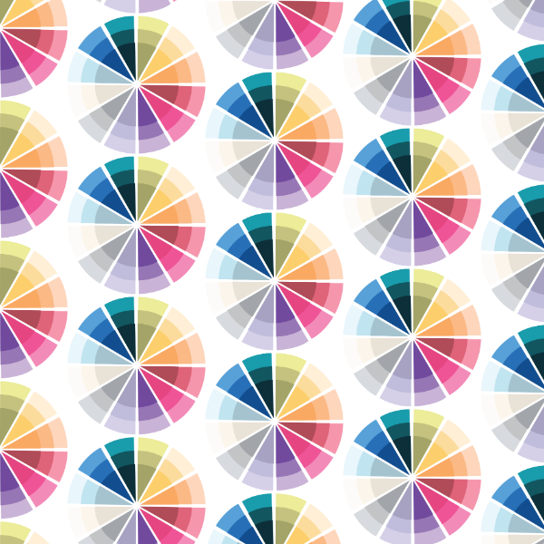 One of the alternative designs considered as a possibility for the new sample pack swatches. Rows of round shapes, each with 12 different wedges, repeat on a white background. Each wedge is a different color of the rainbow.