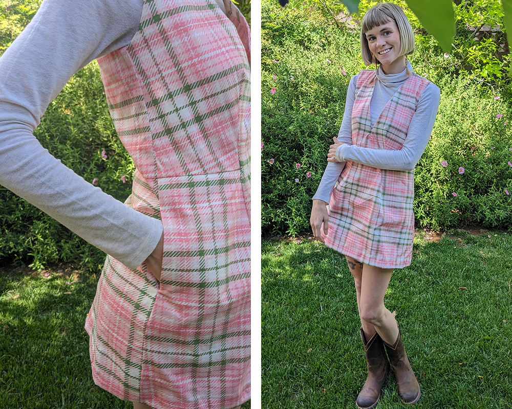 Two photos have been placed side by side in a rectangle. On the left, a close up of the side of Seamwork’s Dani pinafore. Erin wears a gray long-sleeved shirt under this sleeveless pinafore and has her right hand in the right pocket. The design on the fabric is a pink and green plaid on a white background. On the right, Erin is wearing the Dani pinafore, which is shown in full, and she is smiling at the camera and standing on a bright green lawn. A few green leaves from a tree are in the foreground.