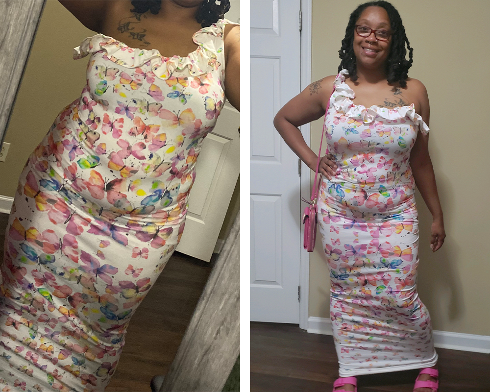 Two photos have been placed side by side in a rectangle. On the left, a close up of Kiara’s dress, which is ankle length, one shouldered and has a small ruffle around the neckline. The design on the fabric features pastel watercolor butterflies on a white background. On the right, Kiara smiles at the camera and has her right hand on her hip and is wearing the same dress as in the image on the left.
