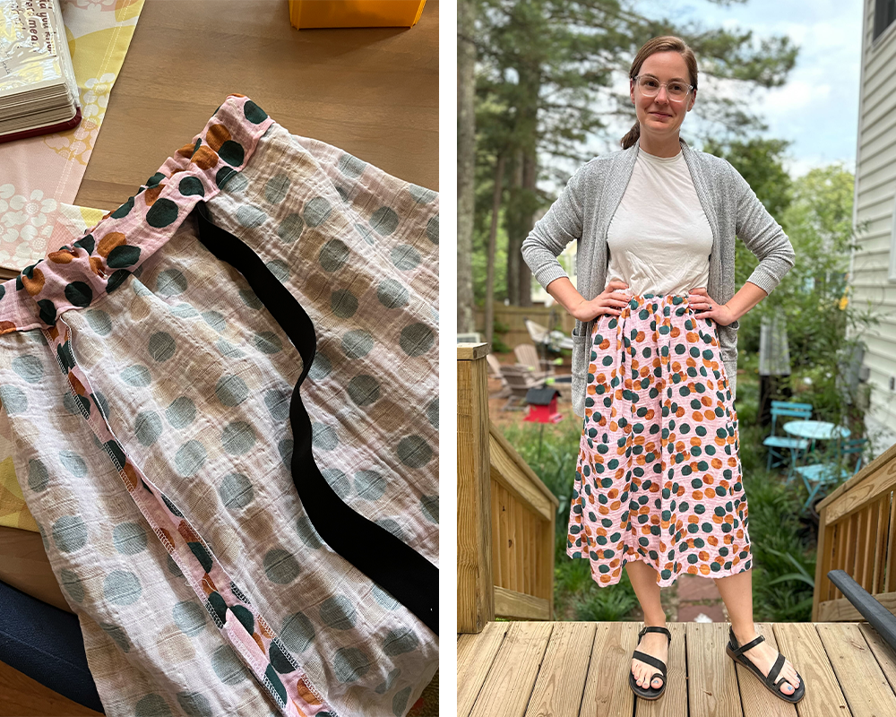 Two photos have been placed side by side in a rectangle. On the left, adding the elastic to the waist of the skirt. The wrong side of the fabric is showing, except for the side seam selvedge and the turned-over hem. On the right, Megan wears her midi-skirt which features a design with repeating green and orange dots on a pink background. She is also wearing a white t-shirt and a gray cardigan. She is looking at the camera and smiling and standing on a wooden deck in front of tall pine trees.