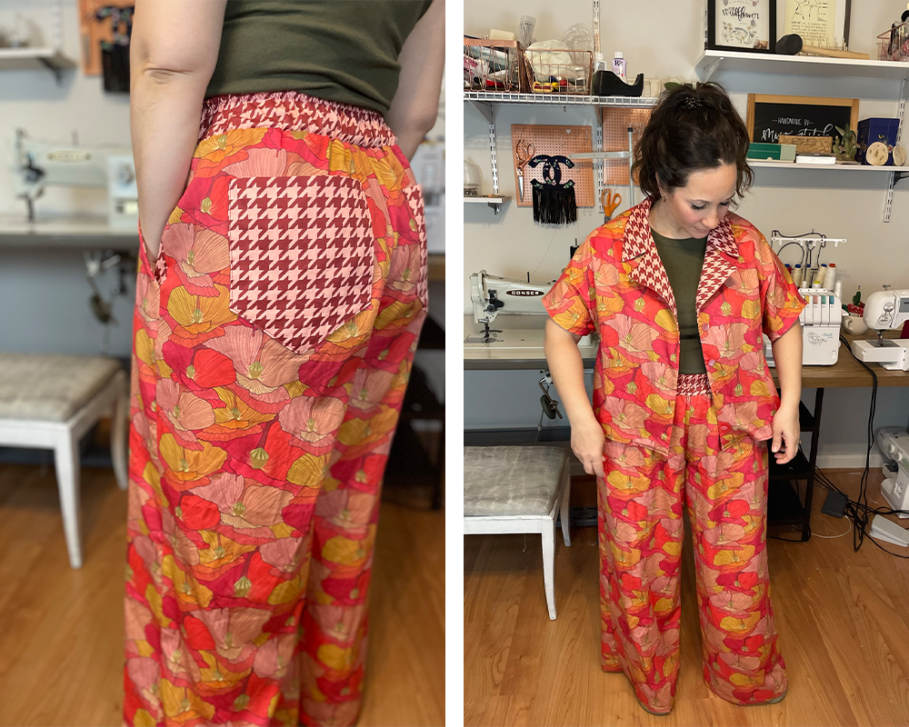 Two photos have been placed side by side in a rectangle. On the left, a detail shot of the back of Missy’s pajama pants. The back pockets are a burgundy and pink houndstooth and the rest of the pants featured a design with repeating yellow, pink and red poppies. On the right, Missy wears the pajama set top and bottom, featuring the same prints as on the left.