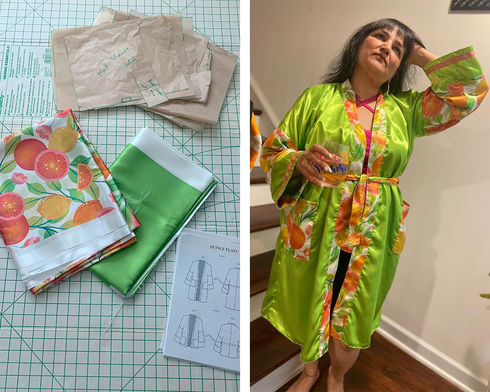 Two photos have been placed side by side in a rectangle. On the left, two pieces of folded fabric, one neon lime green and one featuring a design with oranges, lemons and grapefruit growing on green stems on a white background, pieces of a tissue paper sewing pattern, and pattern schematics lay on a white and green grid cutting mat. On the right, Nisha is wearing a robe with the neon lime green fabric as the main fabric and the citrus pattern on the edges, cuffs, belt and pockets. She is holding a glass in her right hand and looking up and away from the camera. The body of the robe is a neon lime green and the belt, sleeves, pockets and front side hems are all the citrus fruit design.