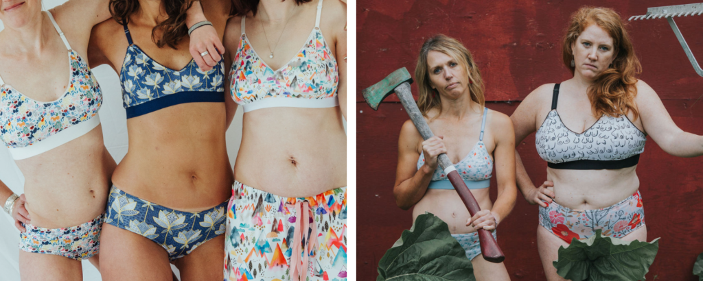 Two images have been placed into one rectangle. On the left, three women each wear a floral lingerie set. On the right, two women stand in front of a red wall. The woman on the left wears a blue and orange floral bra and underwear set and holds an axe in both hands. The woman on the right wears a white bra with black strapes and band that has a design with handdrawn pairs of breasts in black ink and a white pair of underwear with large pink and red flowers. She holds a rake in her right hand.