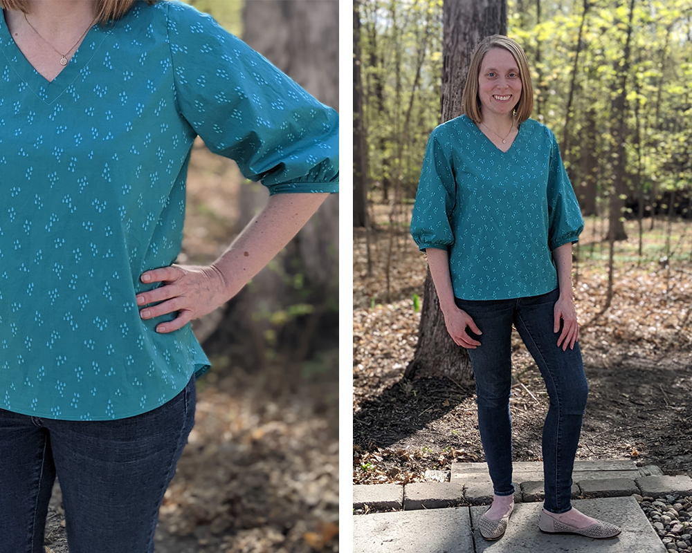 Two photos have been placed side by side in a rectangle. On the left, a close up of the right side of Sarah’s shirt. The fabric is teal with small groups of lighter blue dots. On the right, Sarah is standing wearing the shirt, which has slightly puffed elbow-length sleeves, dark pants and gray shoes. Sarah is standing on a concrete path in front some small trees.