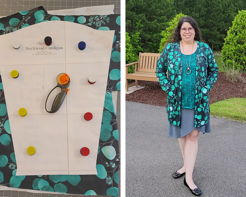 Two photos have been placed side by side in a rectangle. On the left, the fabric pieces for Sharon’s cardigan have been cut out and lay on a gray cutting mat. A cut-out pattern piece lays on top of the fabric as well as a rotary cutter and some round colorful pattern weights. The fabric’s design features teal eucalyptus leaves on a black background. On the right, Sharon wears her completed cardian and tank top, along with a gray skirt. The pattern on the cardigan fabric is teal eucalyptus leaves on a black background. The pattern on the tank top is a teal and black herringbone. Sharon is standing on gray asphalt in front of a green lawn and smiling.
