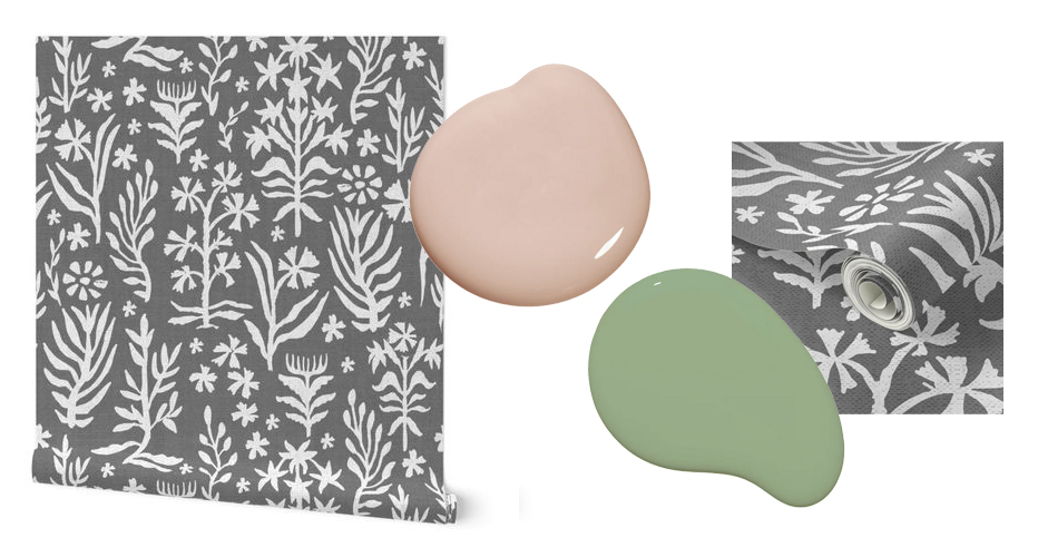 Two swatches of wallpaper (one of the extended roll, one of a design closeup) are paired with two dollops of coordinating paint in a mock-up image. The wallpaper design features a gray background with white repeating boho floral designs. One paint dollop is a blush pink, the other is an avocado green.