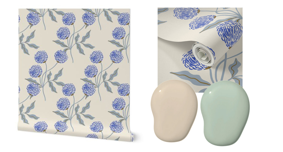 Two swatches of wallpaper (one of the extended roll, one of a design closeup) are paired with two dollops of coordinating paint in a mock-up image. The wallpaper design features a cream background with large repeating blue blooms on green stems. One paint dollop is a warm beige, the other is a mint green.