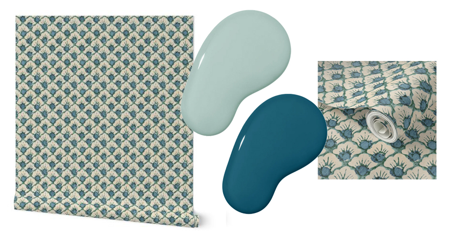 Two swatches of wallpaper (one of the extended roll, one of a design closeup) are paired with two dollops of coordinating paint in a mock-up image. The wallpaper design features a cream background with small repeating blue fans connected by blue lines. One paint dollop is a dark teal, the other is a robin’s egg blue.