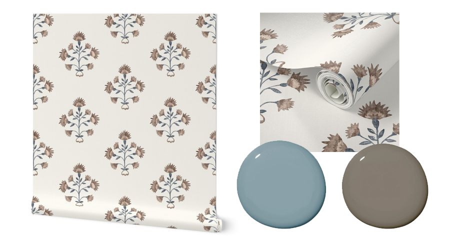 Two swatches of wallpaper (one of the extended roll, one of a design closeup) are paired with two dollops of coordinating paint in a mock-up image. The wallpaper design features repeating blue and orange flowers on a cream background. One paint dollop is a warm brown, the other is medium blue.