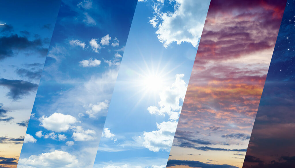 Five diagonal sections each showing the sky during a different time of day including sunrise, the bright sunshine of mid day, a colorful sunset and stars in the night sky.