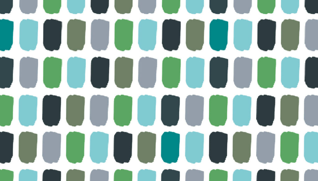painterly swatches in straight rows repeating the colors of the Pantone Mega Matter palette which include shades of green, gray, and blue.