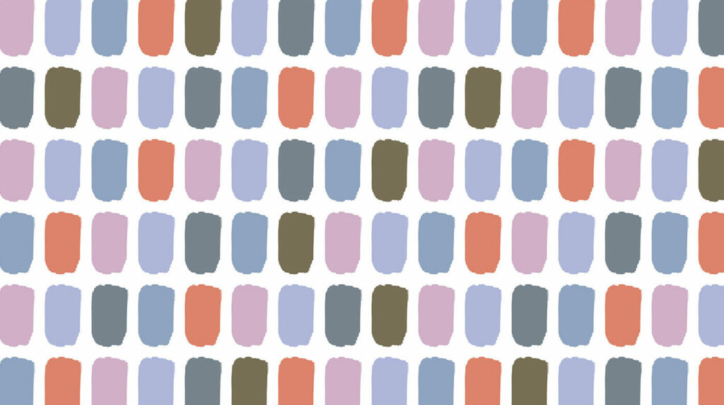 Rows of swatches repeating the colors of the Pantone Intangible palette which include dusty blues, periwinkle, cool mauve, coral and a cool brown.