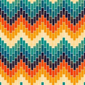Rectangles in wavy rows in colors including teal, blue, black, red, orange, and cream