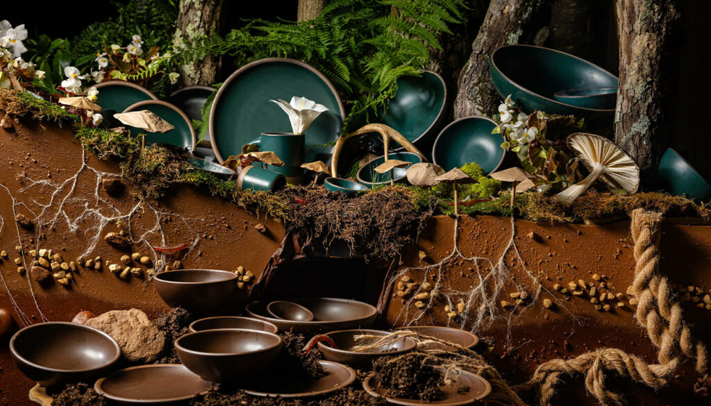 Text: Looking at a close-up cross section of underground soil and forest floor, dark brown pottery is displayed beneath the surface while dark teal pottery is displayed above the surface on a bed of moss and ferns. The scene is otherworldly with mushrooms, white flowers, and roots made of twine.