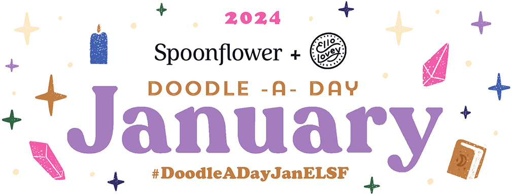 A rectangular graphic for the Doodle-A-Day 2024 header. The background of the graphic is white. The header contains information about the challenge, including the year, 2024, in pink at the top, followed by Spoonflower’s wordmark and Ello Lovey’s logo in black. Next, Doodle-A-Day is in brown, followed by the month, January, in a large purple text. Lastly, there’s the social media hashtag for the challenge #DoodleADayJanELSF in brown.