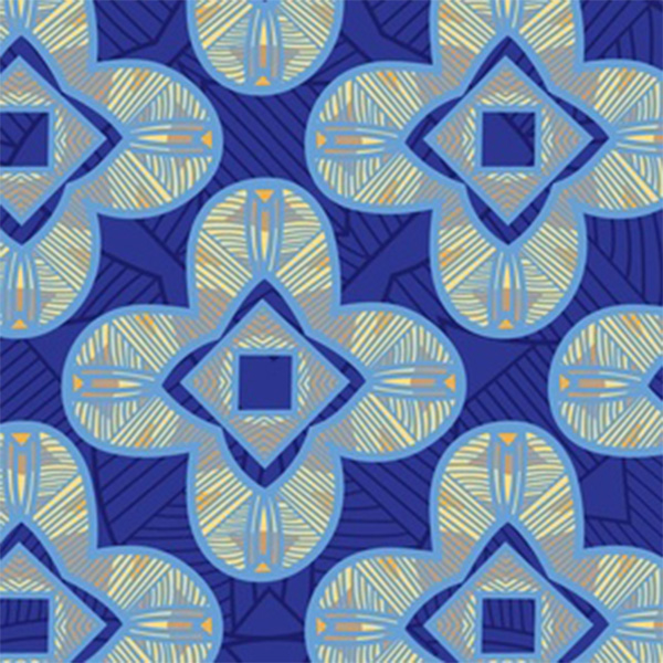 Large geometric shapes repeat on a bright lapis lazuli background.