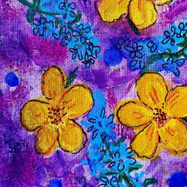 Large yellow flowers and small forget me nots repeat on a bright purple background.