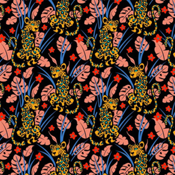 A repeating leopard design by lepetitecolour. Yellow and black leopards sit atop large pink leaves.