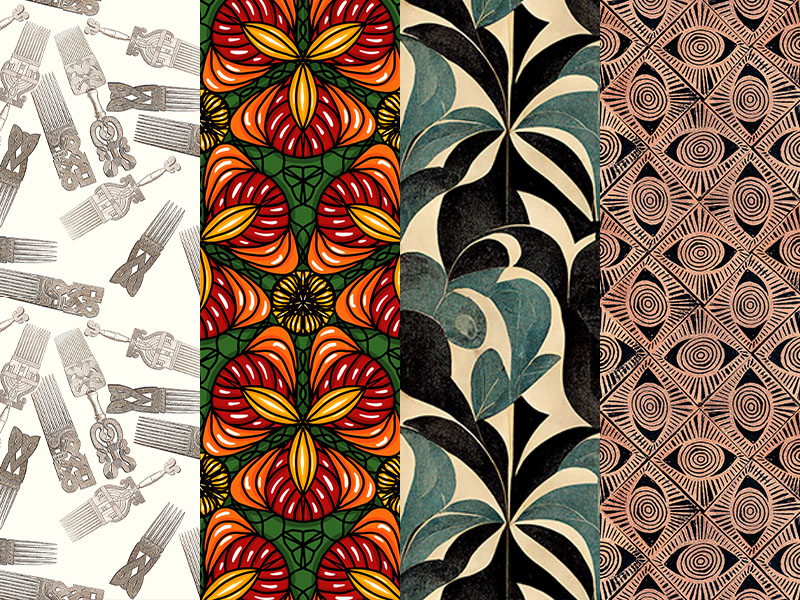 Four horizontal blocks of designs inspired by the African diaspora. From left to right, designs featuring Afro picks, large yellow and red orchids, large dark teal and black leaves and repeating Art Deco-inspired terracotta eyes.