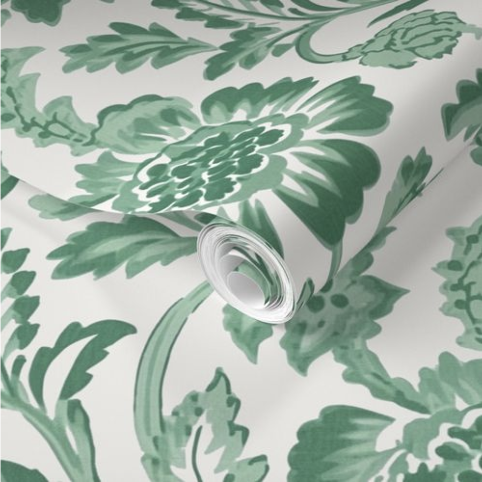A close-up look at a wallpaper roll with green flowers and leaves on a white background as used in a Spoonflower design render. The render is showing how the design will be printed on Prepasted Removable Smooth Wallpaper.