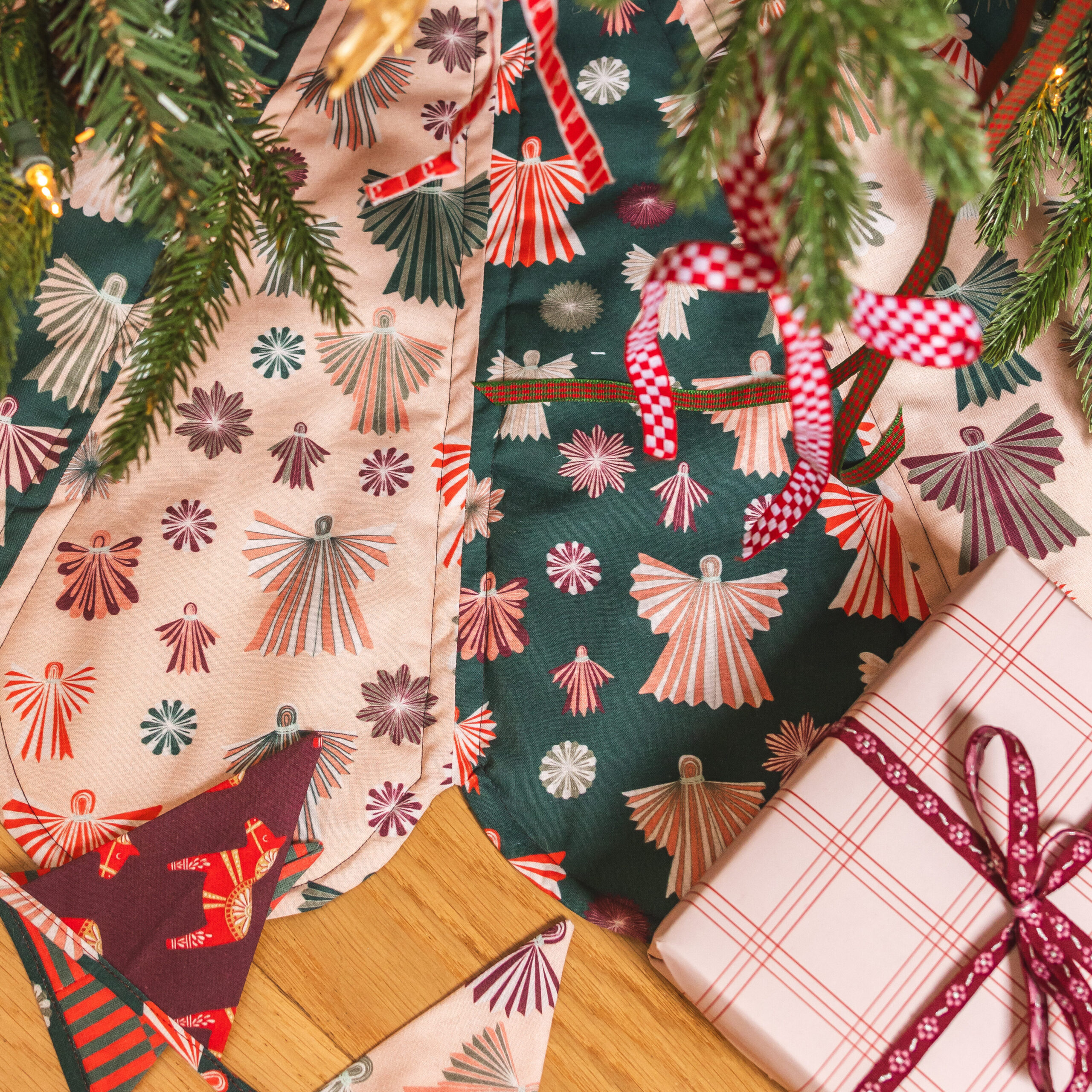 Close up of the Christmas tree skirt made by The House That Lars Built